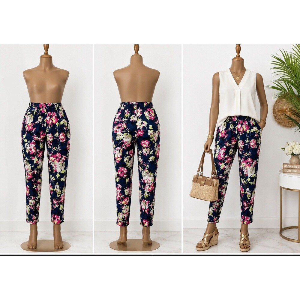 Liz Claiborne Women's Black Ankle Pants Size XL Floral Ankle Elastic Waist Pull
